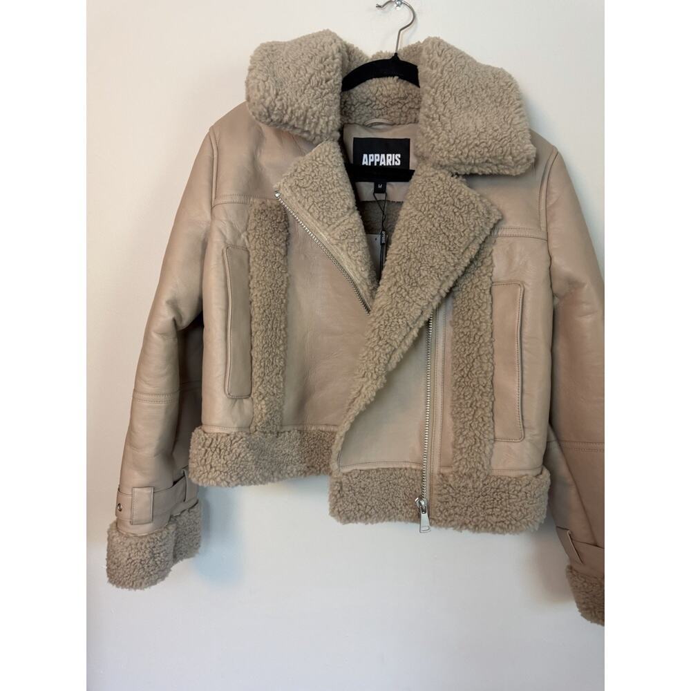 Apparis Jay Faux Leather & Faux Shearling Moto Jacket Taupe Sz M $465 NWT - Picture 3 of 16